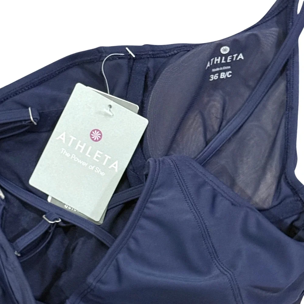 Athleta Aqualuxe Ruched Tankini Top Navy Blue 36 B/C NWT UPF 50+